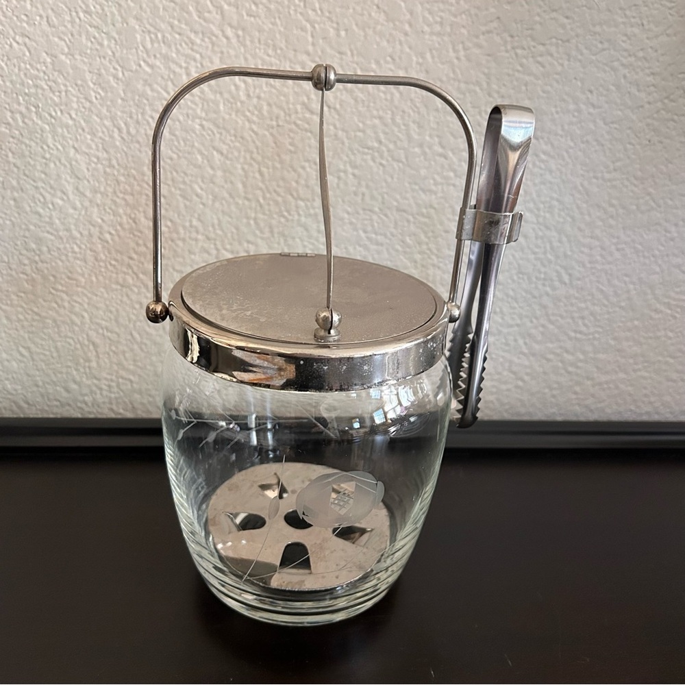 Vintage Mid-Century Modern Noritake Sasaki glass ice bucket etched floral tong